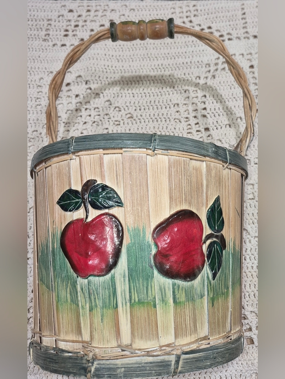Vintage Wicker Basket featuring a hand-painted red apple motif and green accents